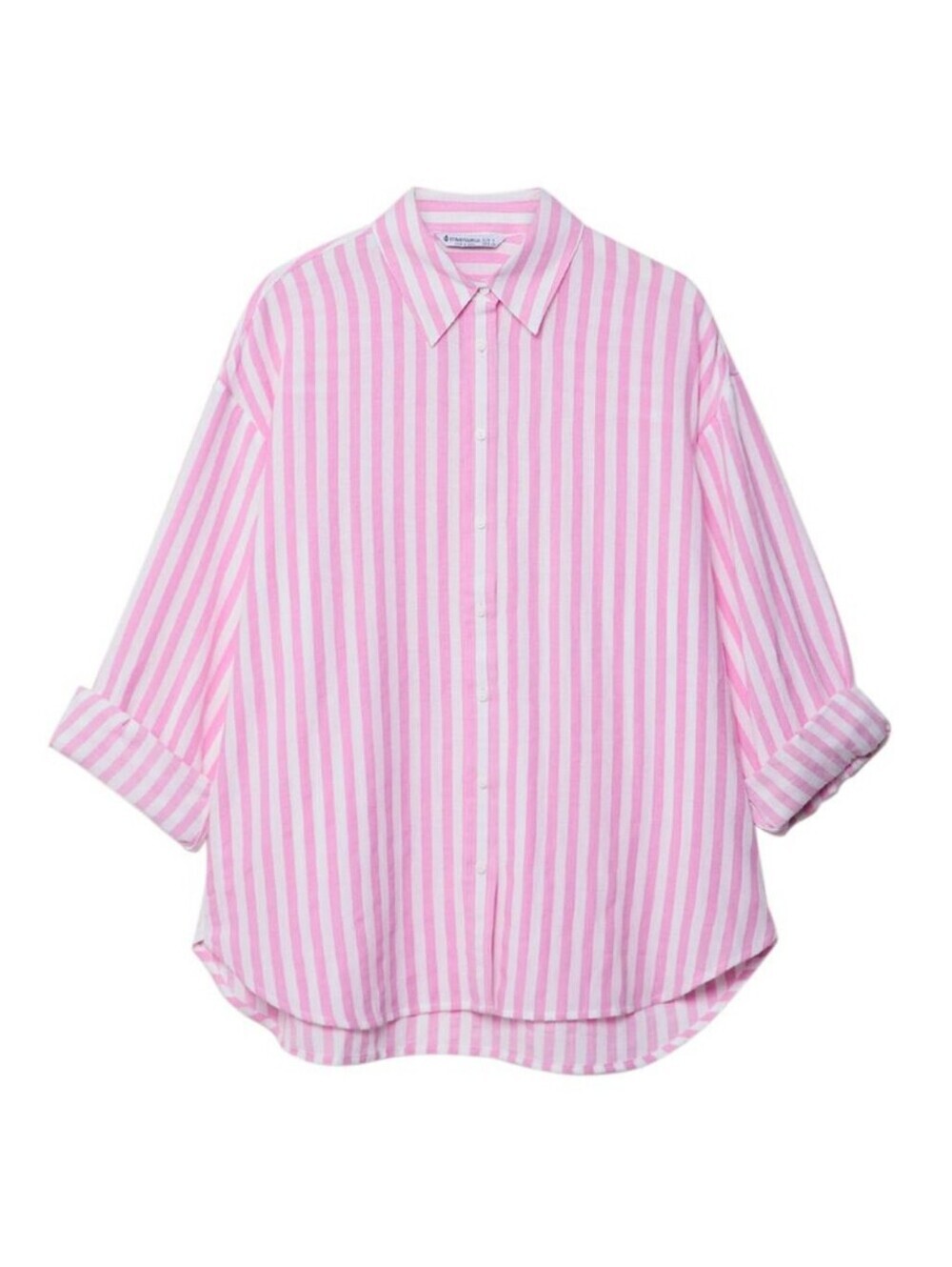 Stradivarius Pink and White Vertical Stripe Button-Down Shirt, Linen Blend, XS - Picture 2 of 10